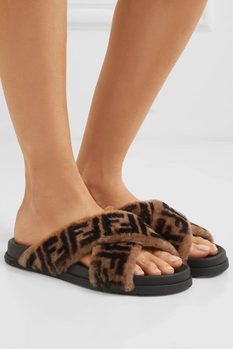 Fendi Logo Shearling Fur Slides Sandals F126