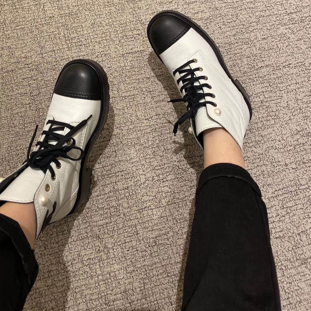 Chanel Pearl Embellished Ankle Boots G36209 Black/White