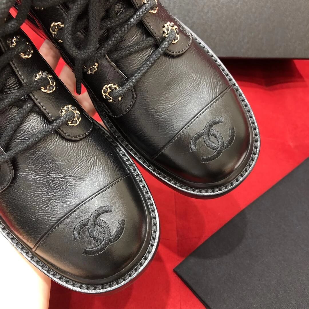 Chanel Black Quilted Leather Lace Up Boots
