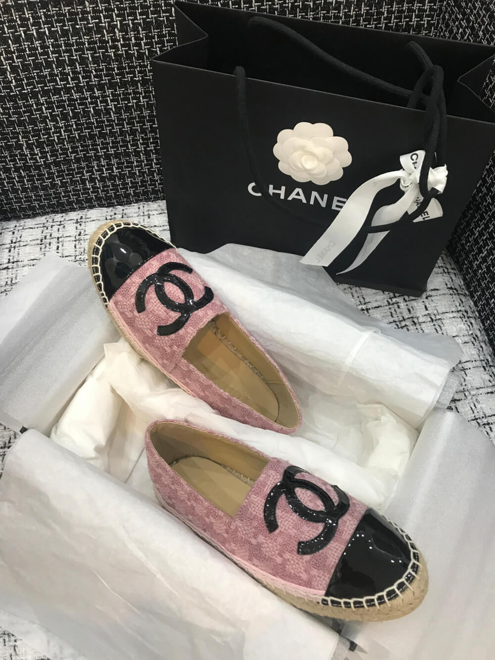 Chanel Tweed & Patent Calfskin Espadrilles G29762 Pink/Black