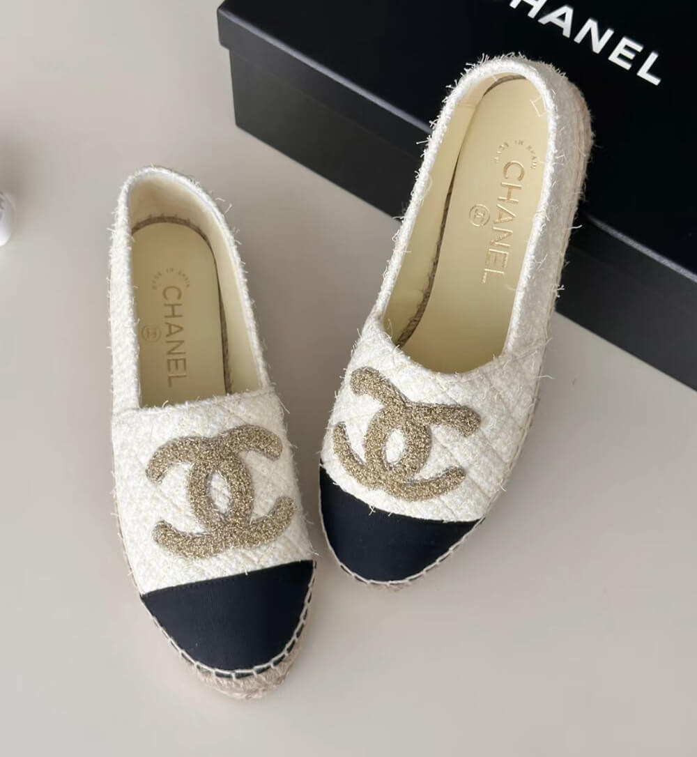 Chanel Cotton Tweed Logo Espadrille G39028 Light Yellow