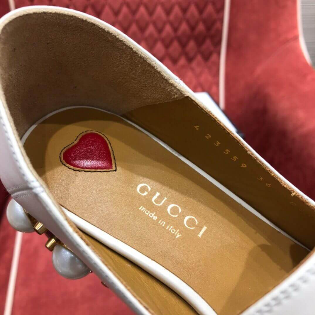 Gucci Calfskin Web Pearl Embellished Mid-Heel Loafer 423559