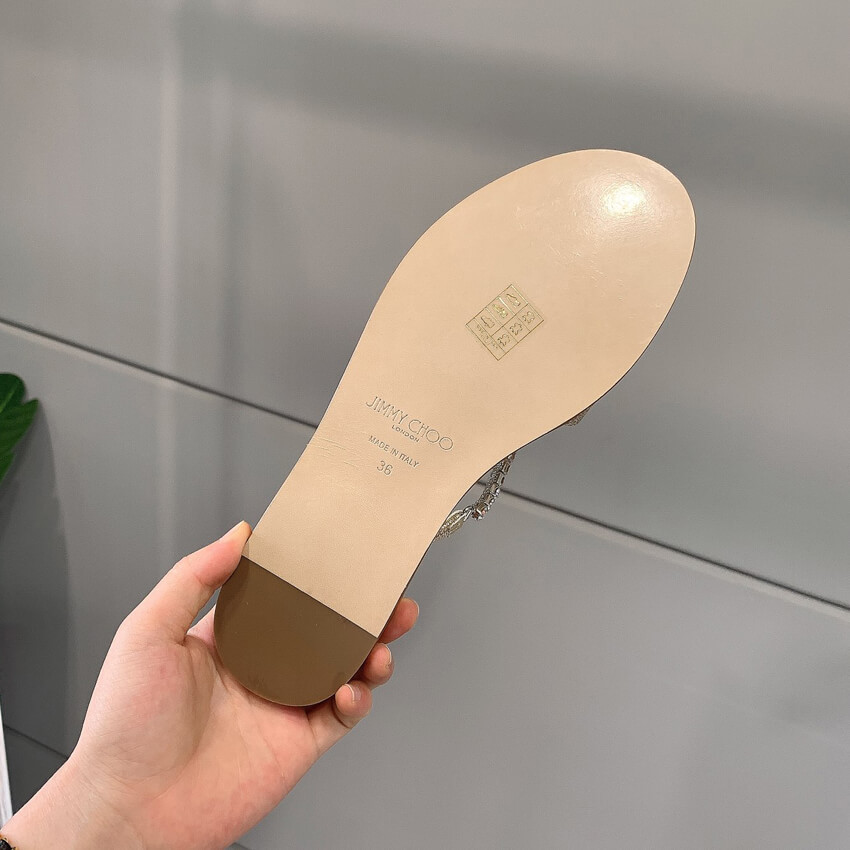 Jimmy Choo Aadi Platinum Ice Dusty Glitter Flats With Crystal Chain C6137