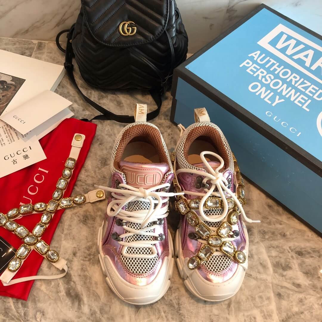 Gucci Flashtrek Sneaker With Removable Crystals 537133 Pink Metallic