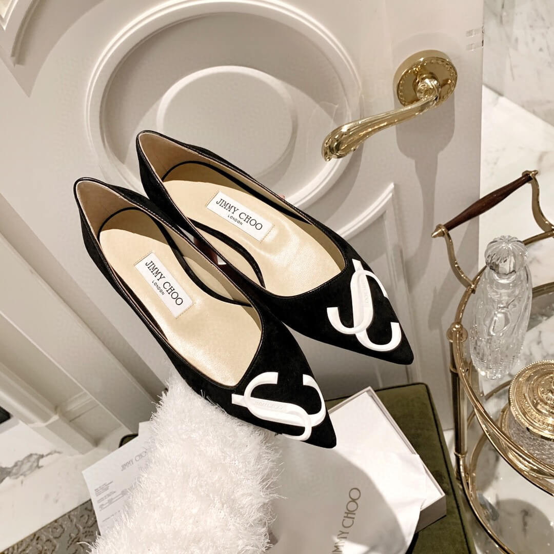 Jimmy Choo Love Flats Suede Pumps In Black and White Logo 231161