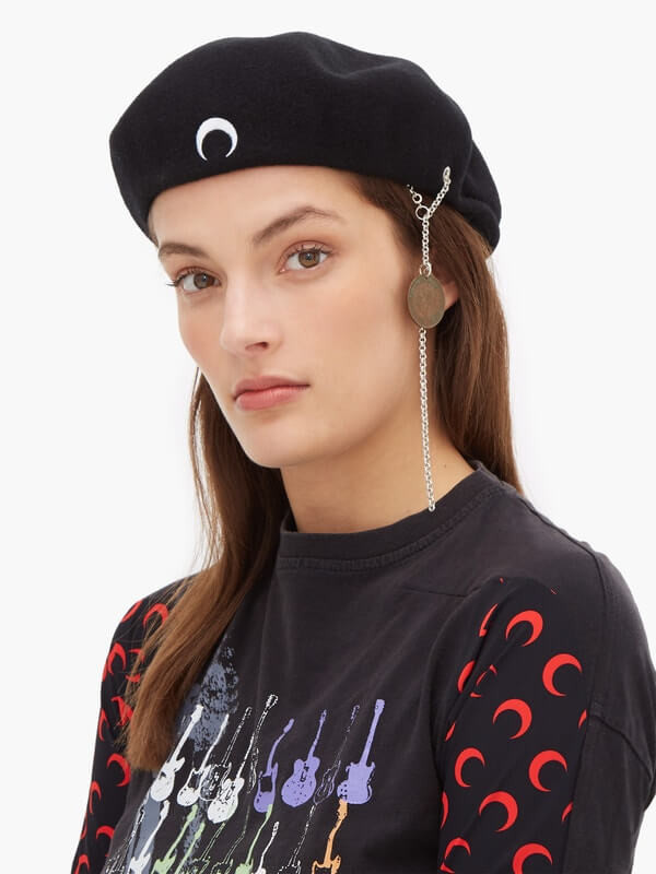 Marine Serre Moon Embroidered Merino Wool Beret 1305