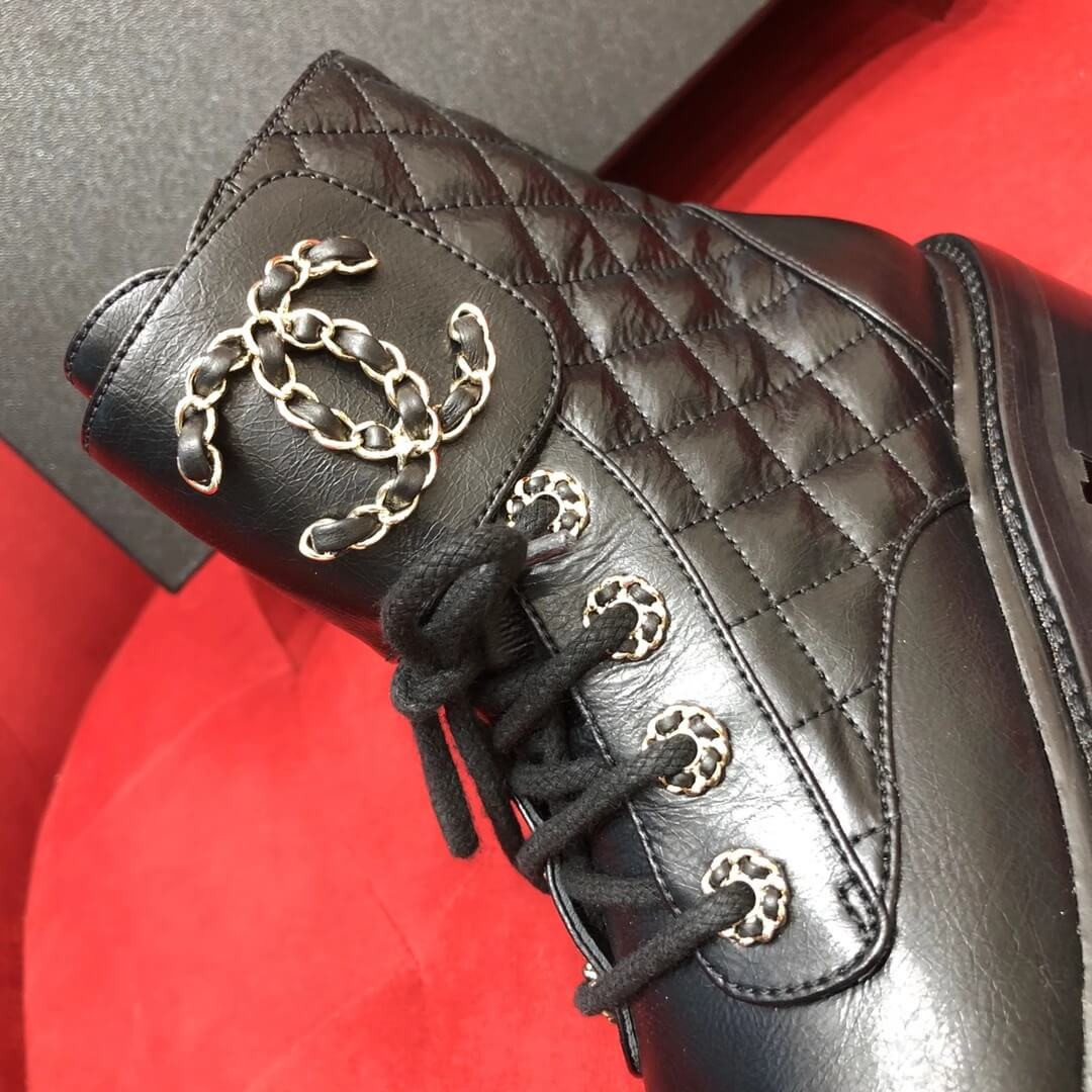 Chanel Black Quilted Leather Lace Up Boots
