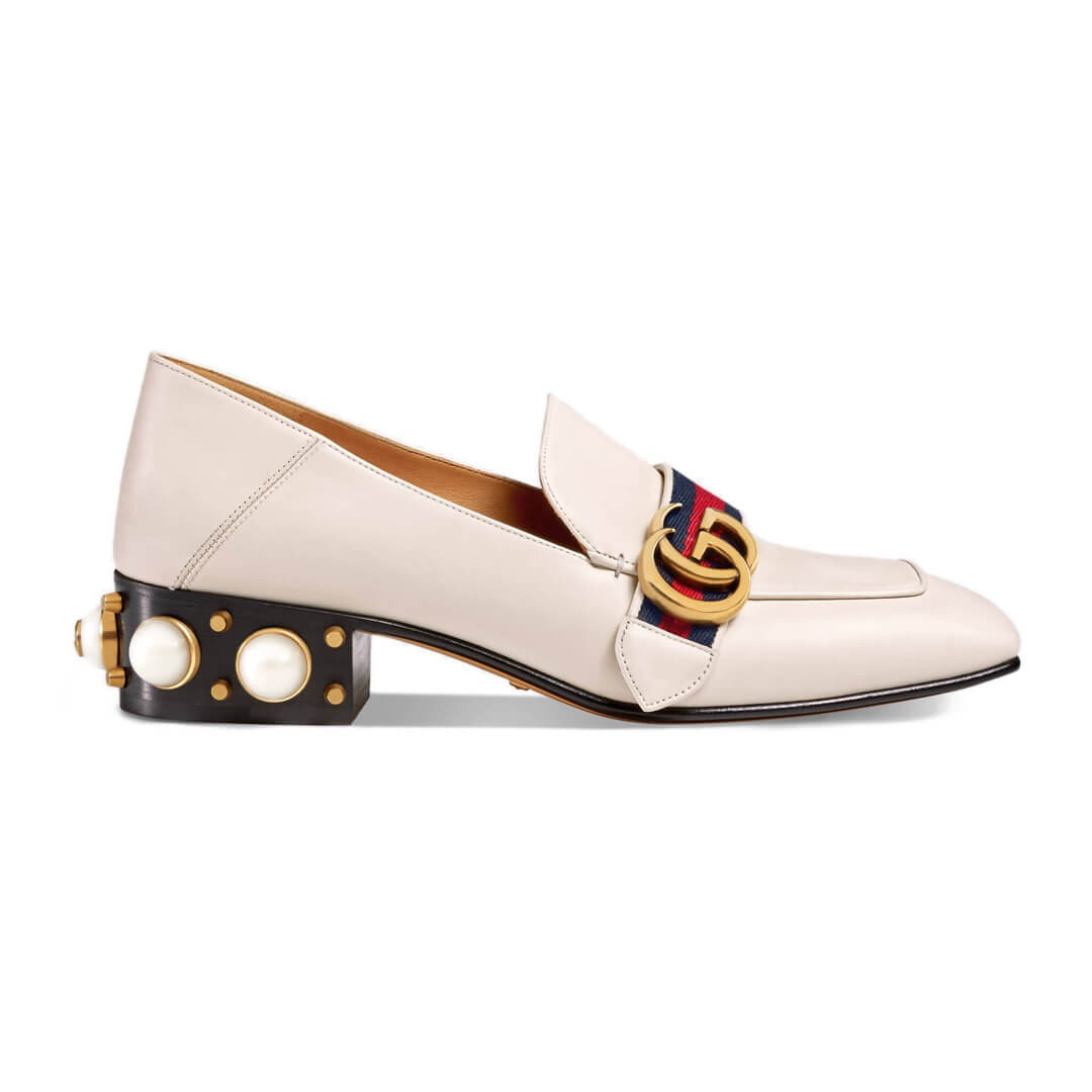 Gucci Calfskin Web Pearl Embellished Mid-Heel Loafer 423559