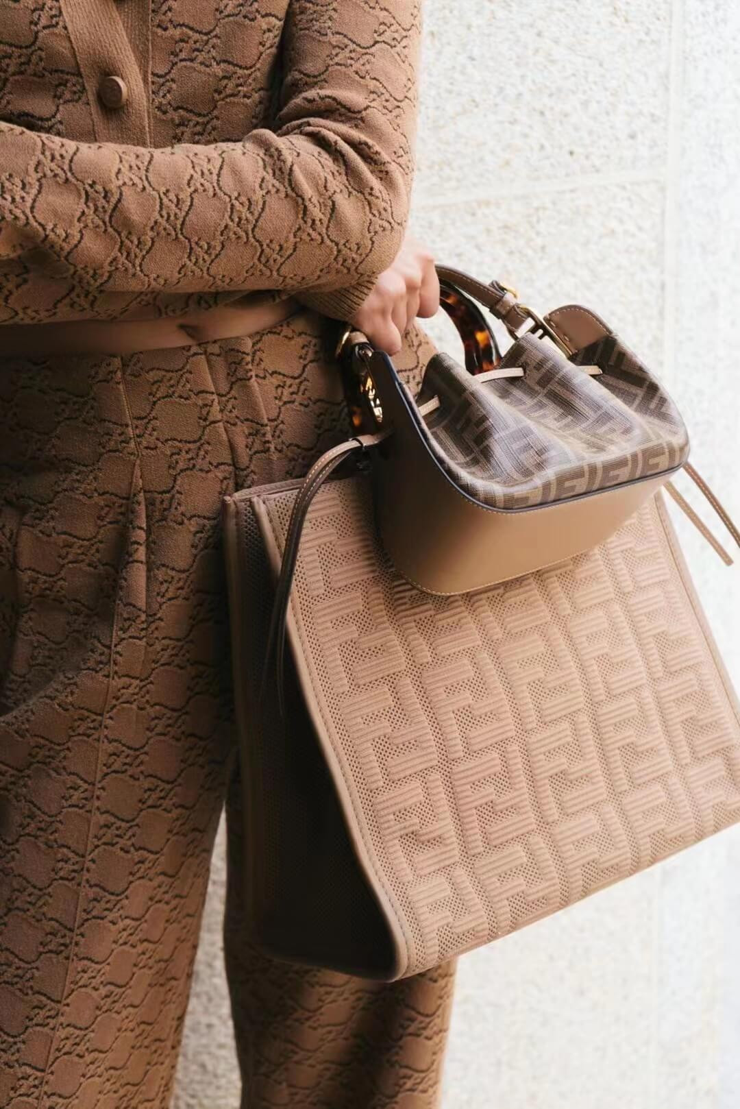 Fendi Medium Sunshine Tote Bag in Apricot FF Fabric 8BH386