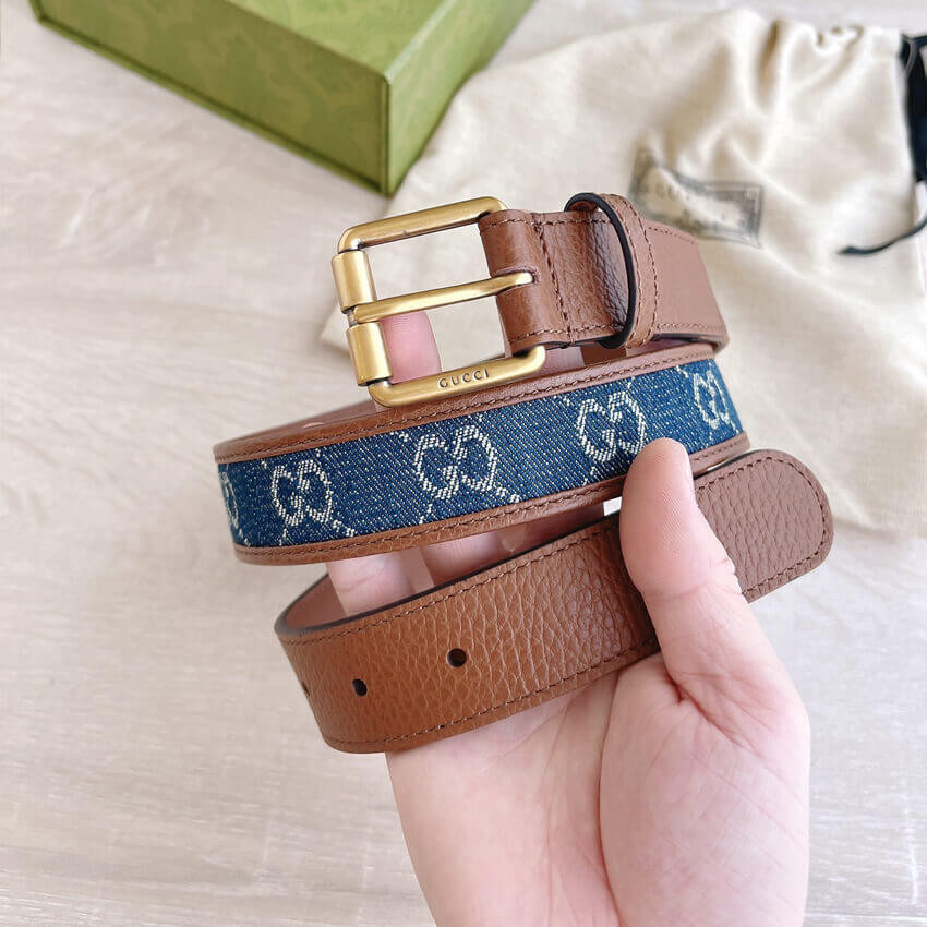 Gucci Belt With Square Buckle In Blue Denim 30mm 678694