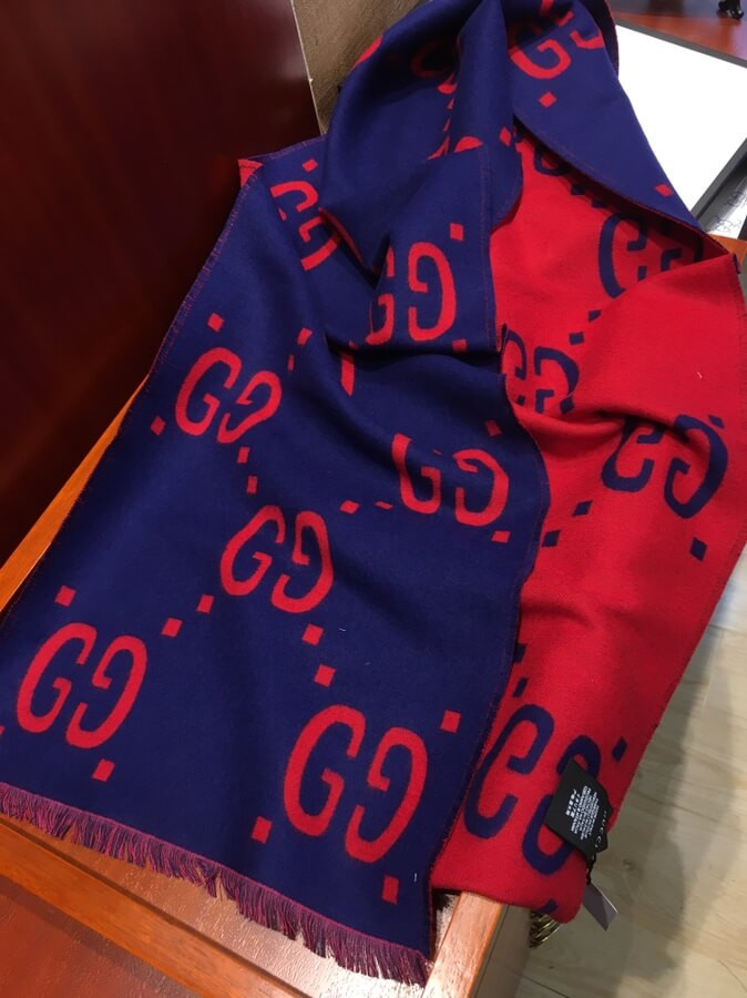 Gucci GG Jacquard Wool Silk Scarf 495592 Blue/Red