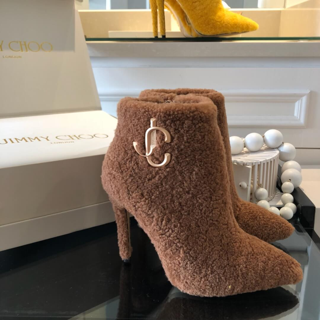 Jimmy Choo Shearling Ankle Bootie with Gold JC Logo 80259