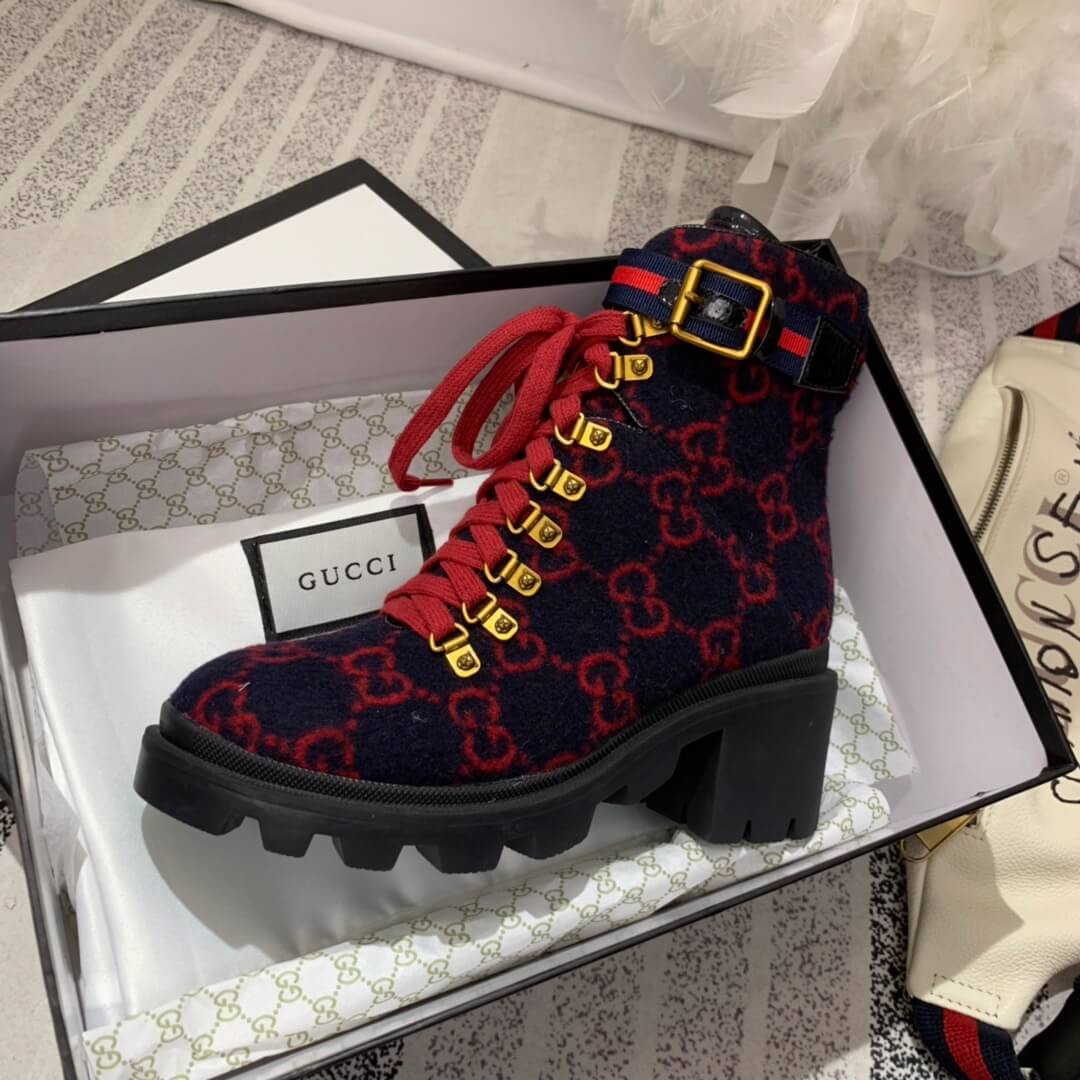 Gucci Trip GG Wool Combat Boots 583349 Blue/Red