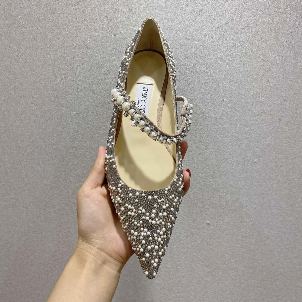 Jimmy Choo Baily Flats Ballet Pink Suede Mary Jane Pearl Pumps 81115