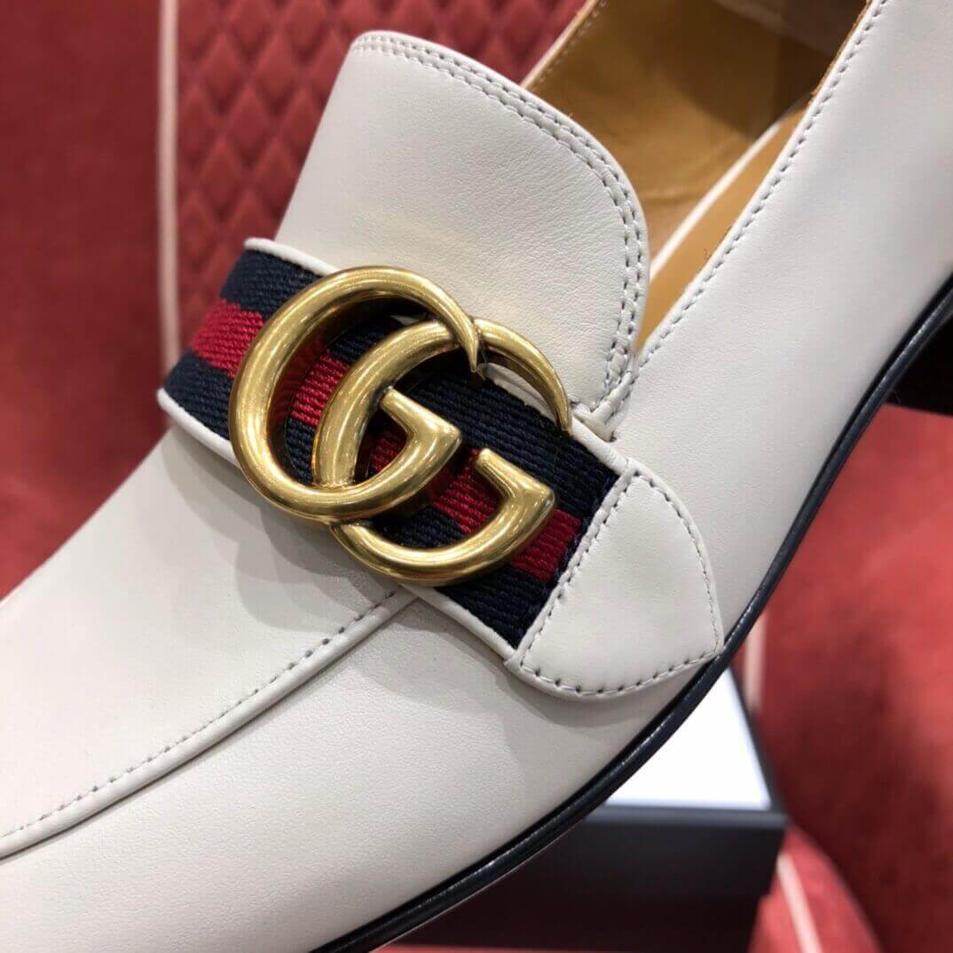 Gucci Calfskin Web Pearl Embellished Mid-Heel Loafer 423559