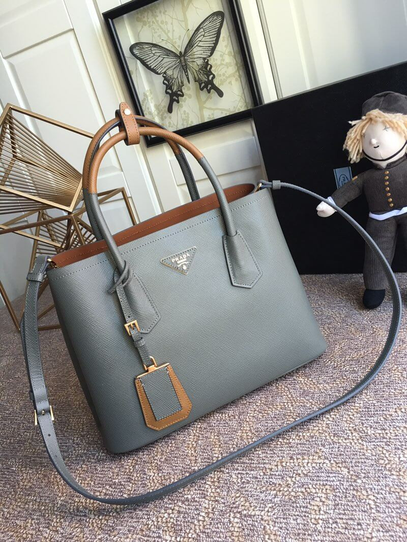 Prada Two-Tone Saffiano Leather Double Bag 1BG775 Grey/Brown