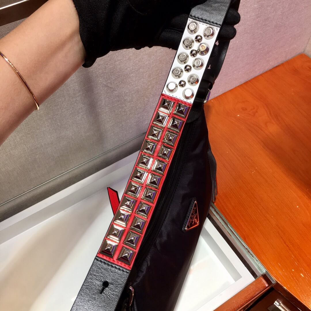 Prada Nylon Hobo Bag With Leather And Studs 1BC087