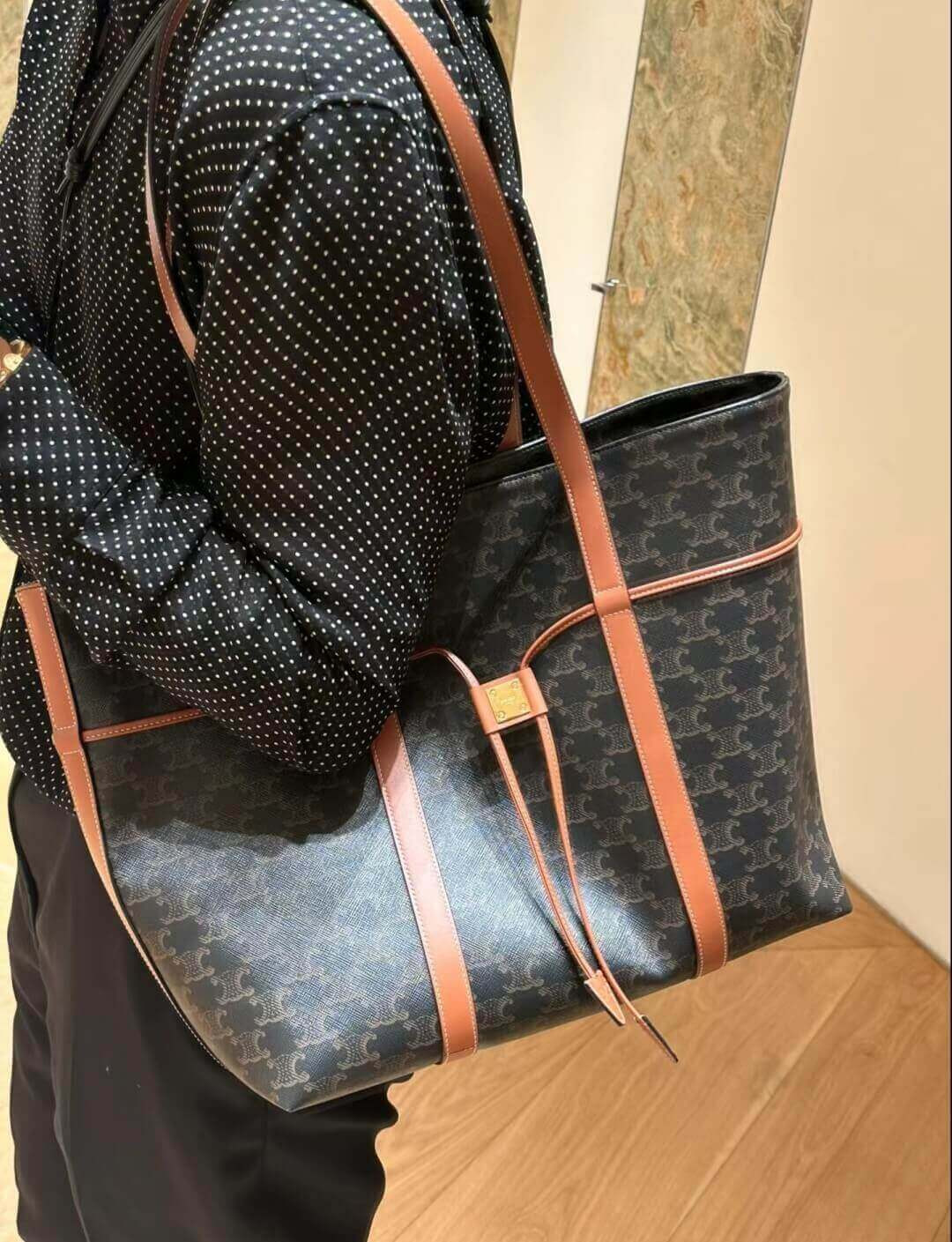 Celine Cabas Drawstring In Triomphe Canvas and Calfskin 113722