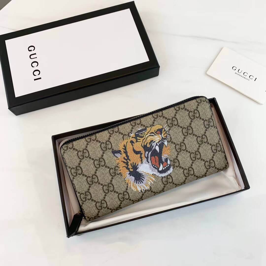 Gucci Angry Tiger Print GG Supreme Zip Around Wallet 451273