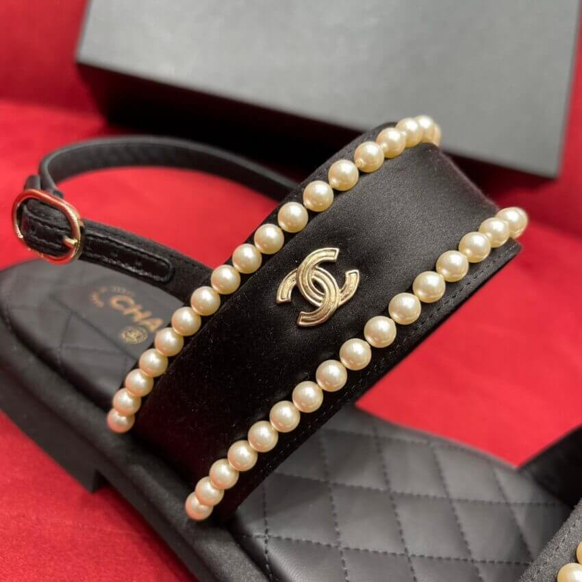 Chanel Satin & Imitation Pearls Sandals G38423 Black