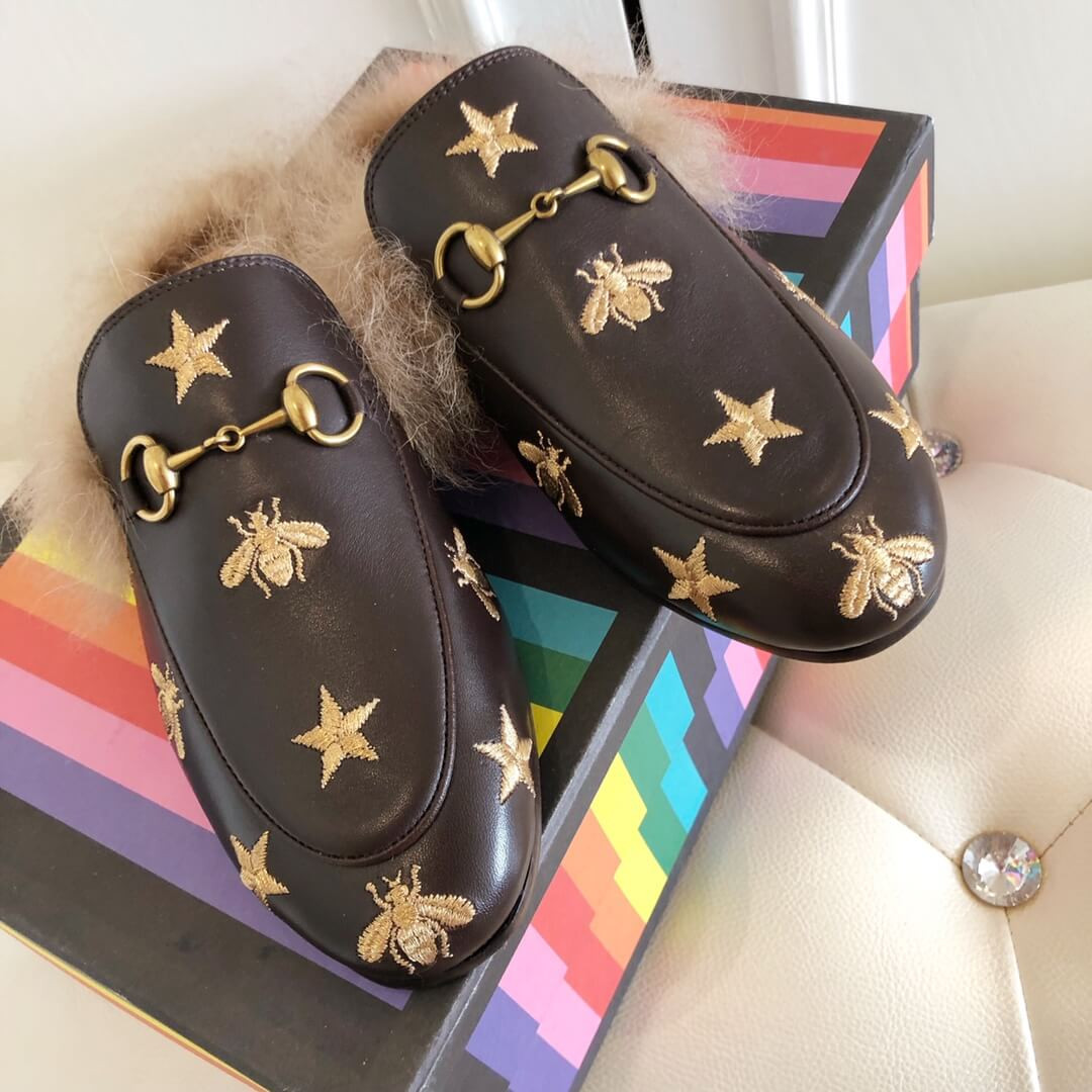 Gucci Princetown Bees and Stars Embroidered Fur Slipper Mules 448653