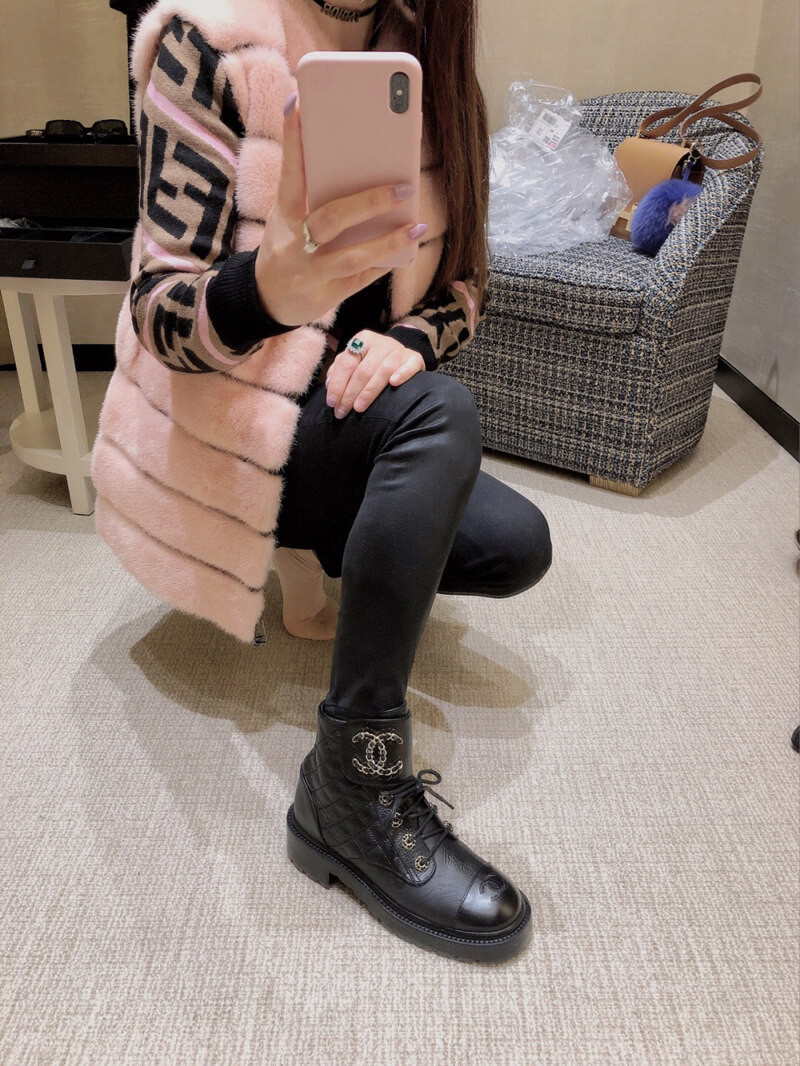 Chanel Black Quilted Gold CC Logo Chain Combat Lace Up Boots G36424