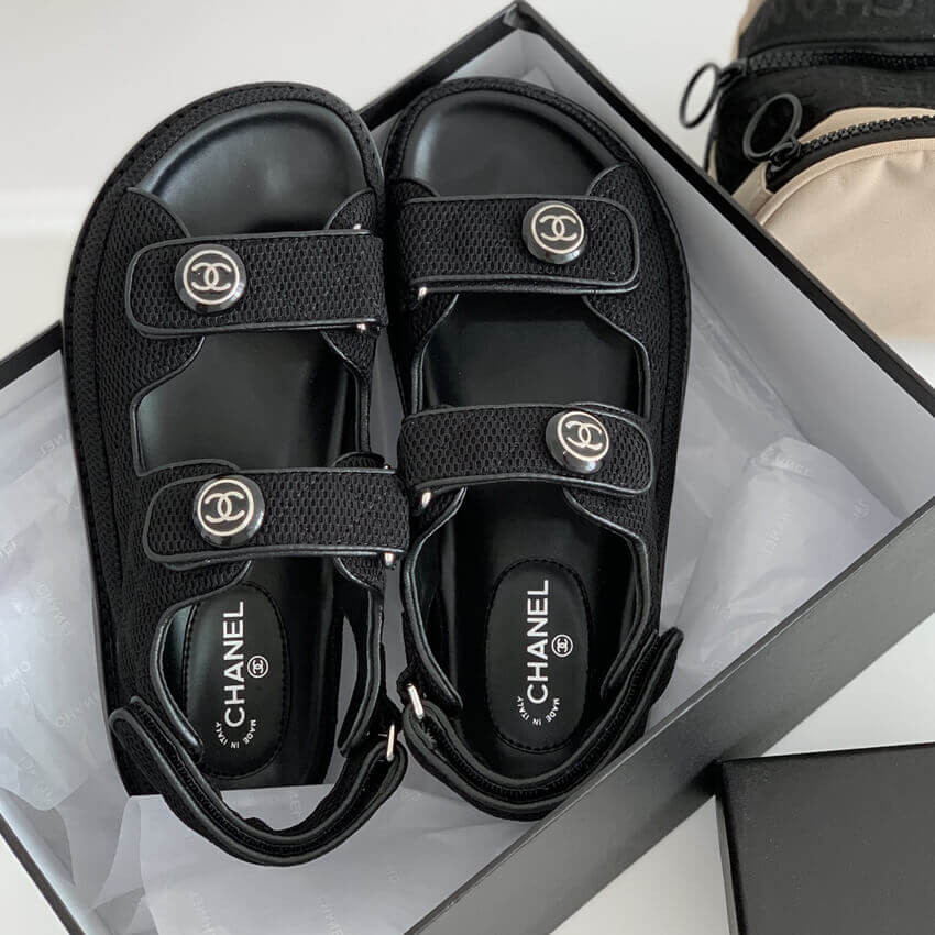 Chanel CC Button Velcro Sandals Technical Fabric/Calfskin Leather 261156