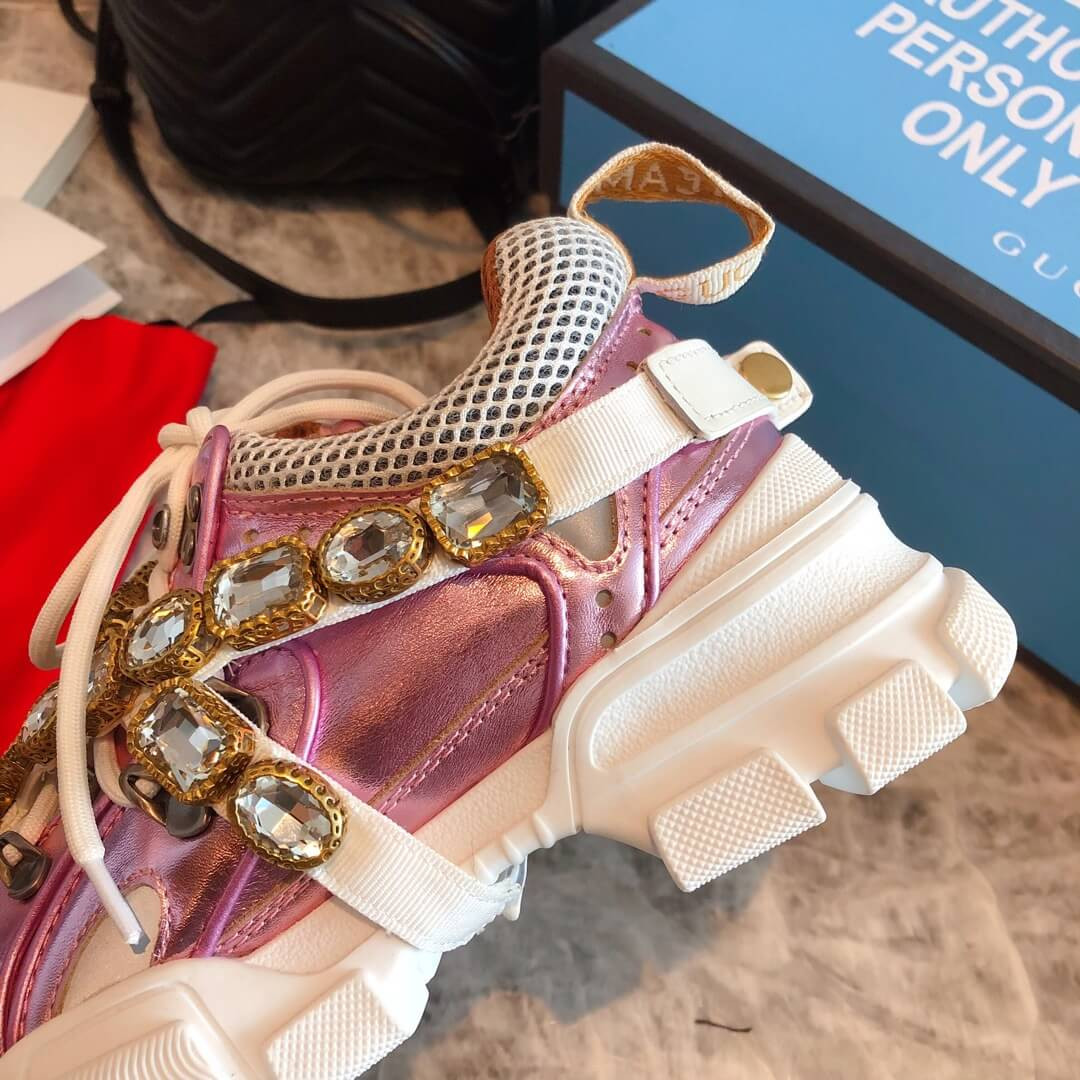 Gucci Flashtrek Sneaker With Removable Crystals 537133 Pink Metallic