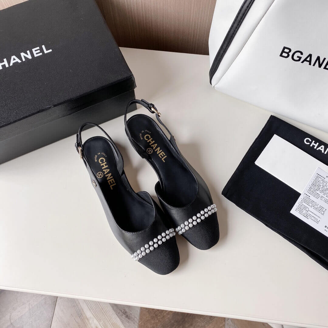 Chanel Pearl Embellished CC Cap Toe Flat Slingbacks 36125