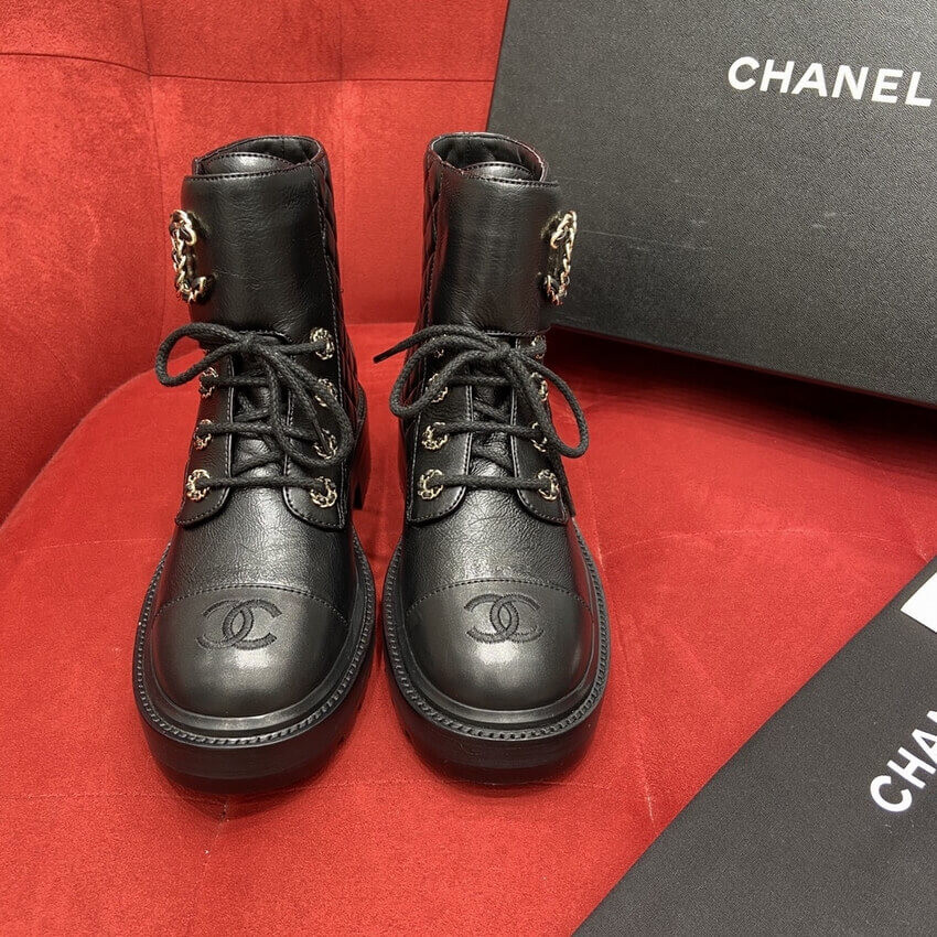 Chanel Black Quilted Gold CC Logo Chain Combat Lace Up Boots G36424