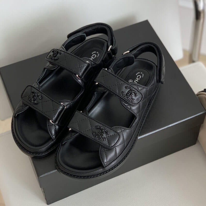Chanel Caviar Gold CC Logo Velcro Dad Sandals G35927 Black
