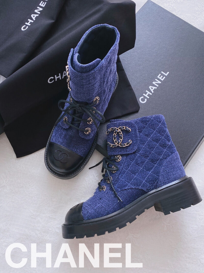 Chanel Blue Denim Quilted Lace Up Boots G36424