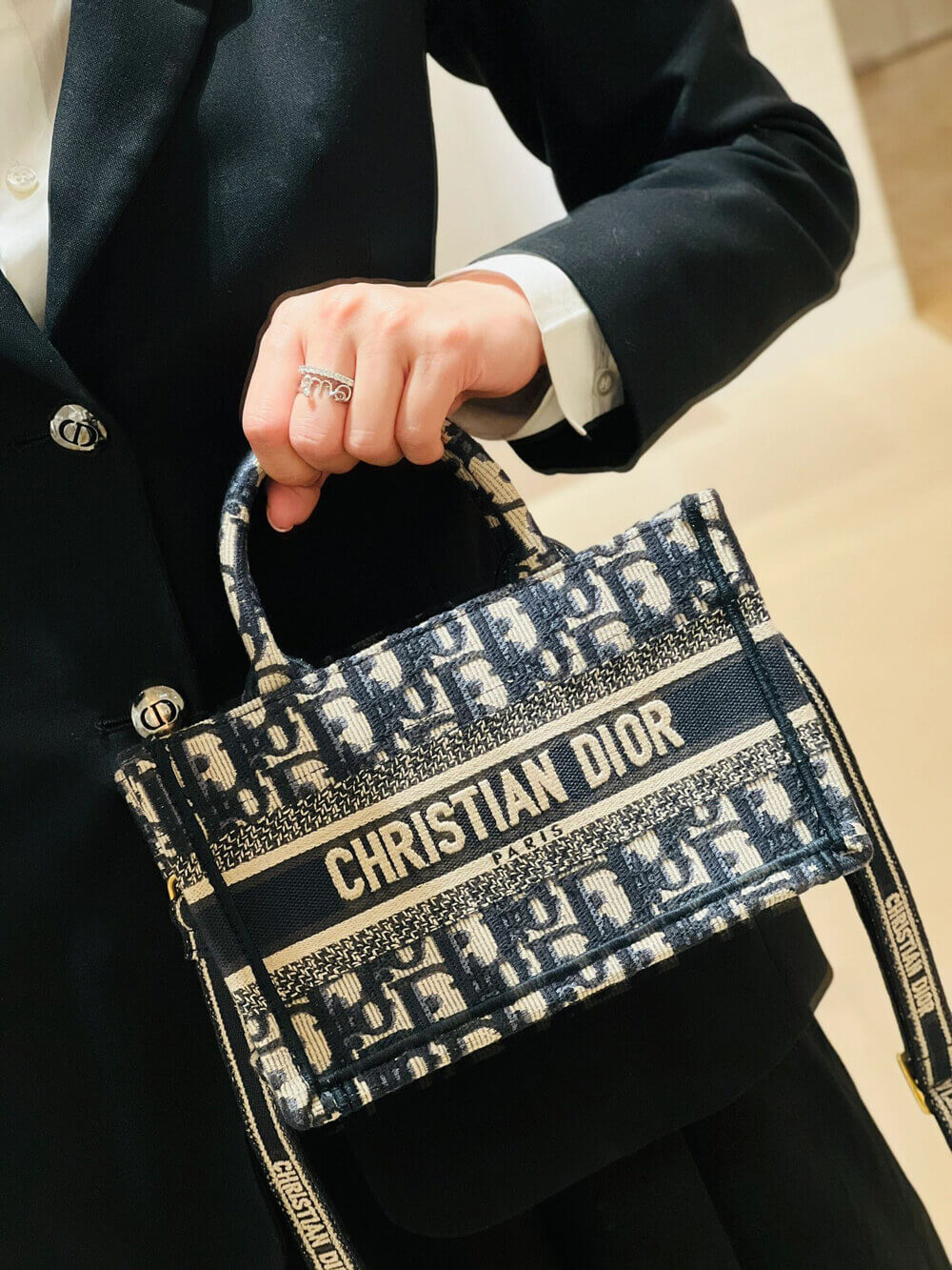 Christian Dior Mini Book Tote With Strap Blue and Beige Oblique Embroidery S5573