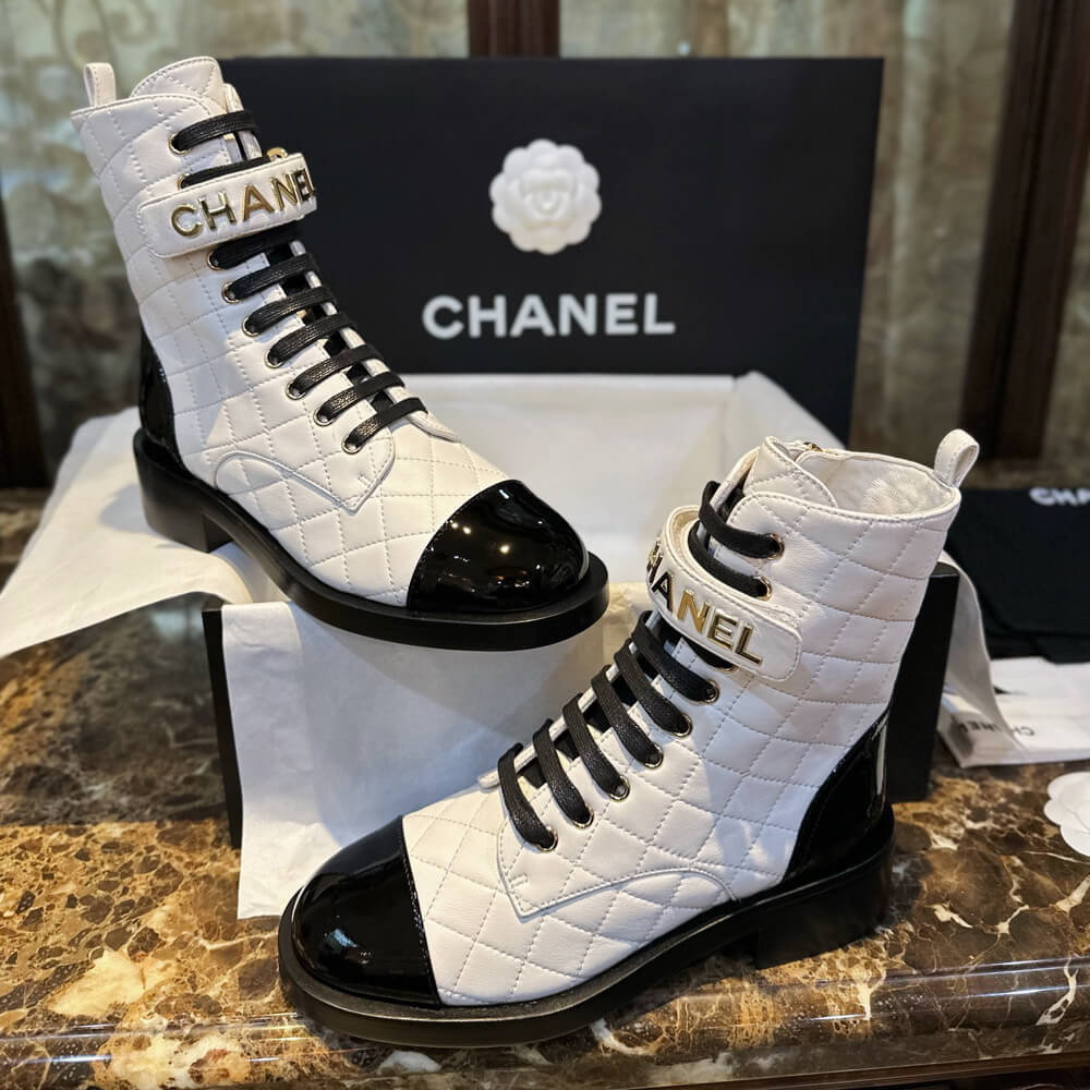 Chanel Quilted Lambskin & Patent Calfskin Lace Up Combat Boots G45005