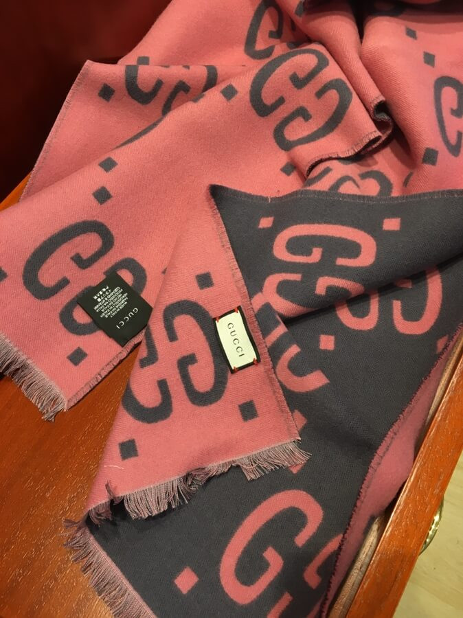 Gucci GG Jacquard Wool Silk Scarf 495592 Blue/Pink