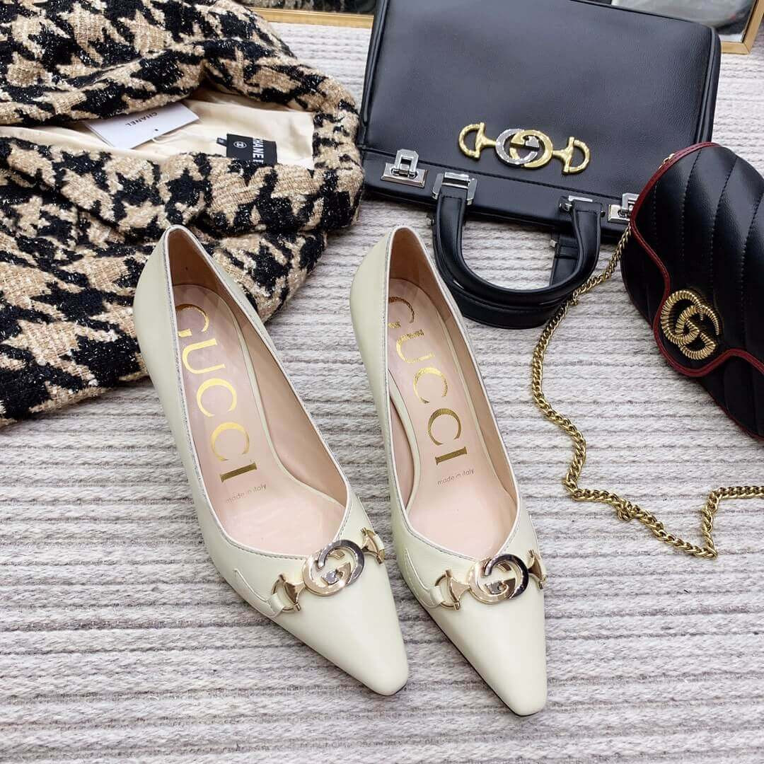 Gucci Zumi Mid-Heel Leather Pump 596860 White