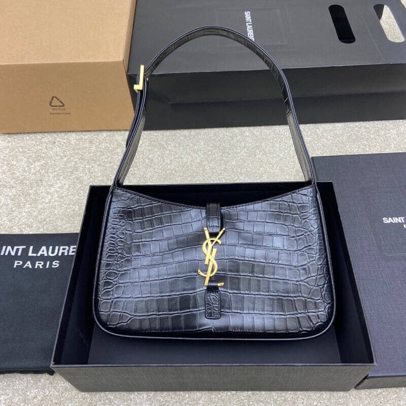 Saint Laurent 5A7 Crocodile-Effect Shoulder Bag Black 657228