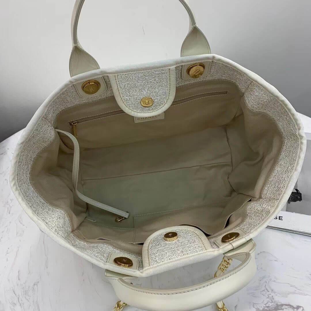 Chanel Deauville Tote 38cm Canvas Bag A66941 White/Gold