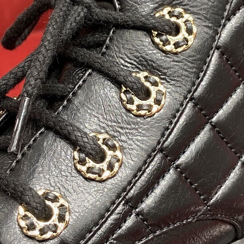 Chanel Black Quilted Gold CC Logo Chain Combat Lace Up Boots G36424