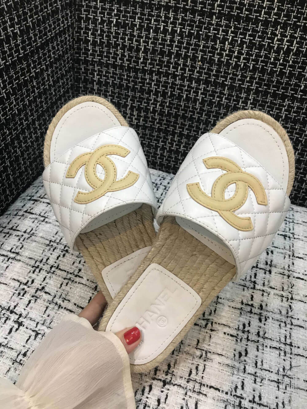Chanel CC Quilted Mules G35604 White/Apricot