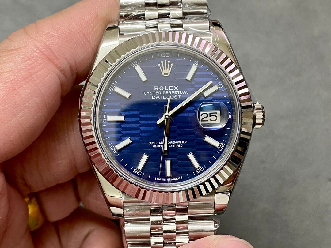 Rolex Datejust 41mm Blue Motif Dial Jubilee Stainless Steel Automatic Fluted Bezel