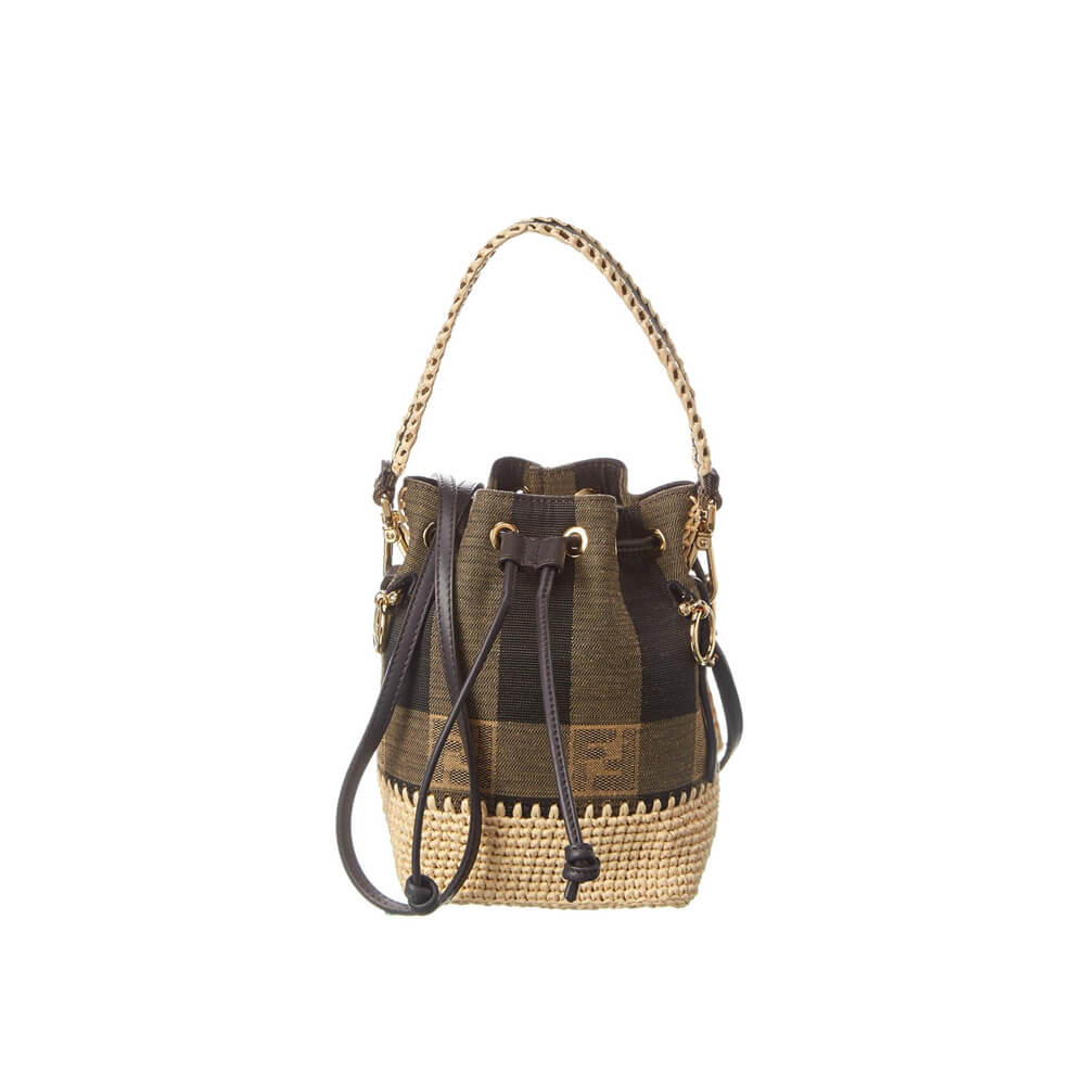 Fendi Brown Mon Tresor Mini Canvas & Raffia Bucket Bag 2028