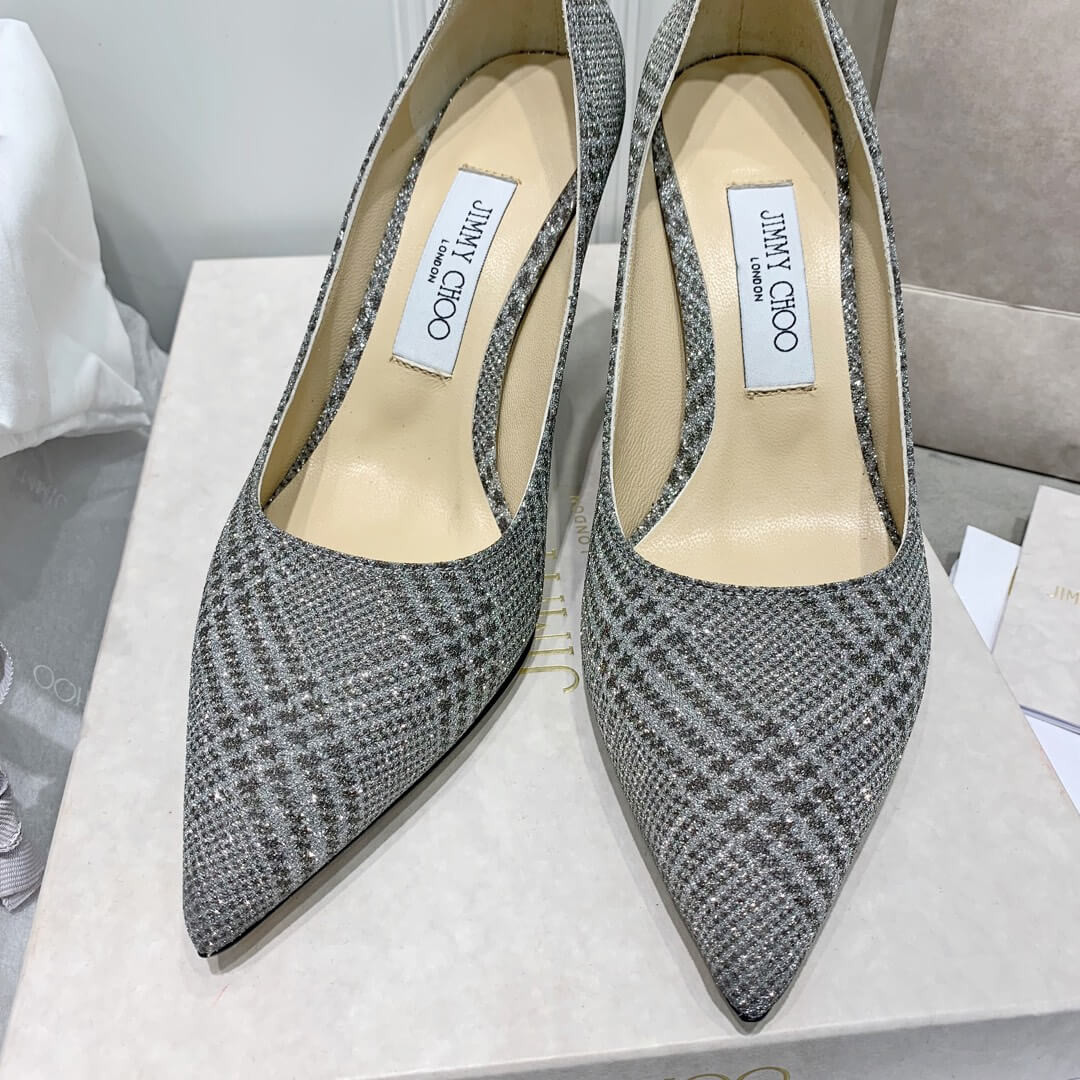 Jimmy Choo Romy Grey Glitter Fabric Pointy Toe Pumps 120011