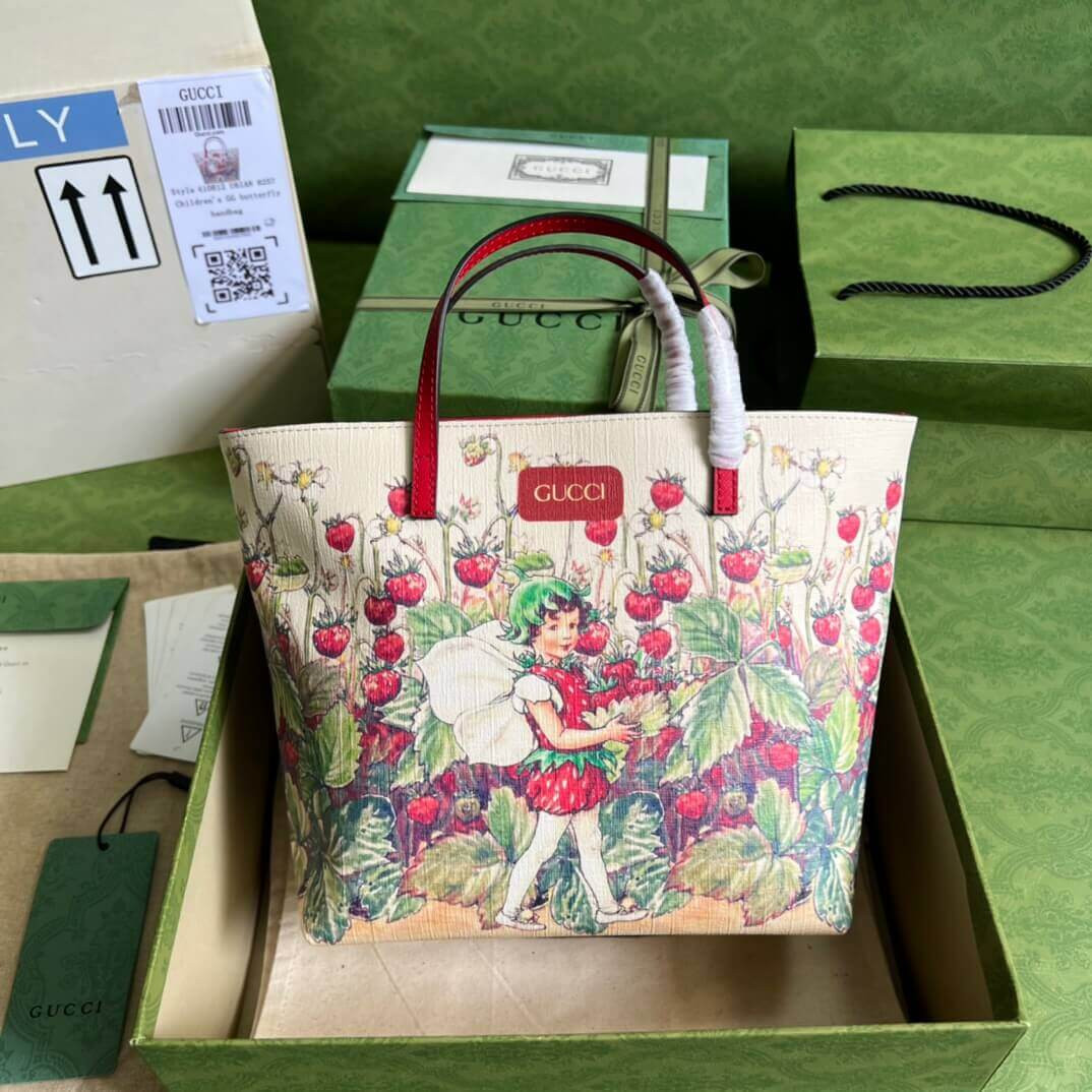 Gucci Childrens GG Supreme Tote With Strawberry Fairy Print 410812