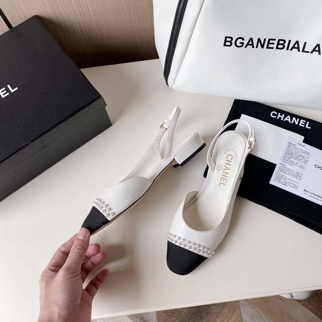 Chanel Pearl Embellished CC Cap Toe Flat Slingbacks 36125