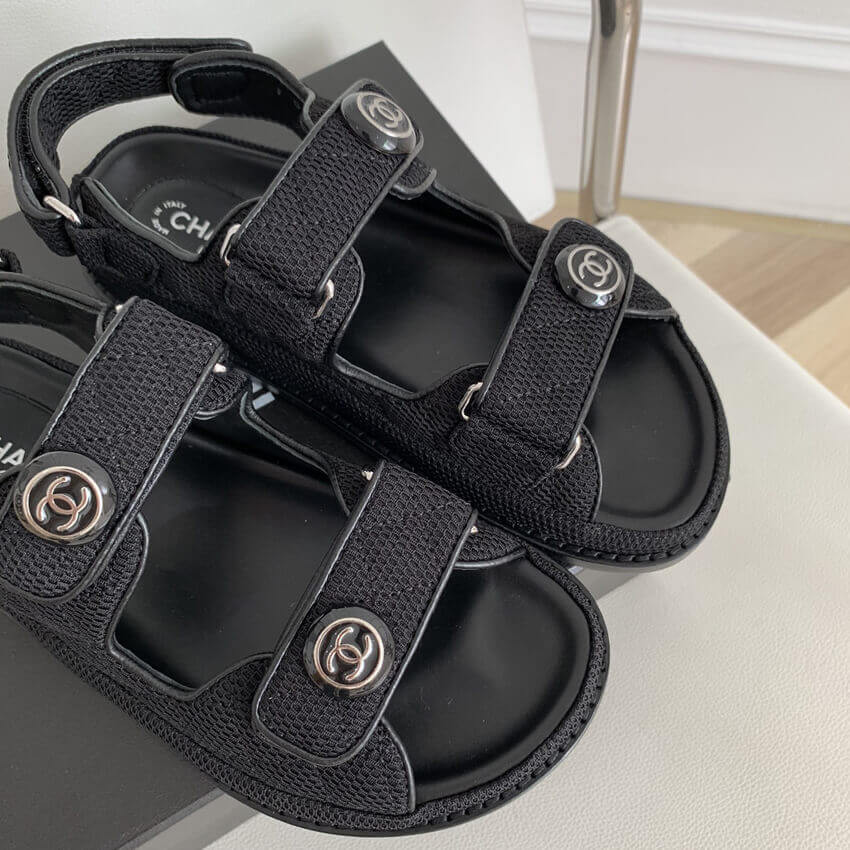 Chanel CC Button Velcro Sandals Technical Fabric/Calfskin Leather 261156