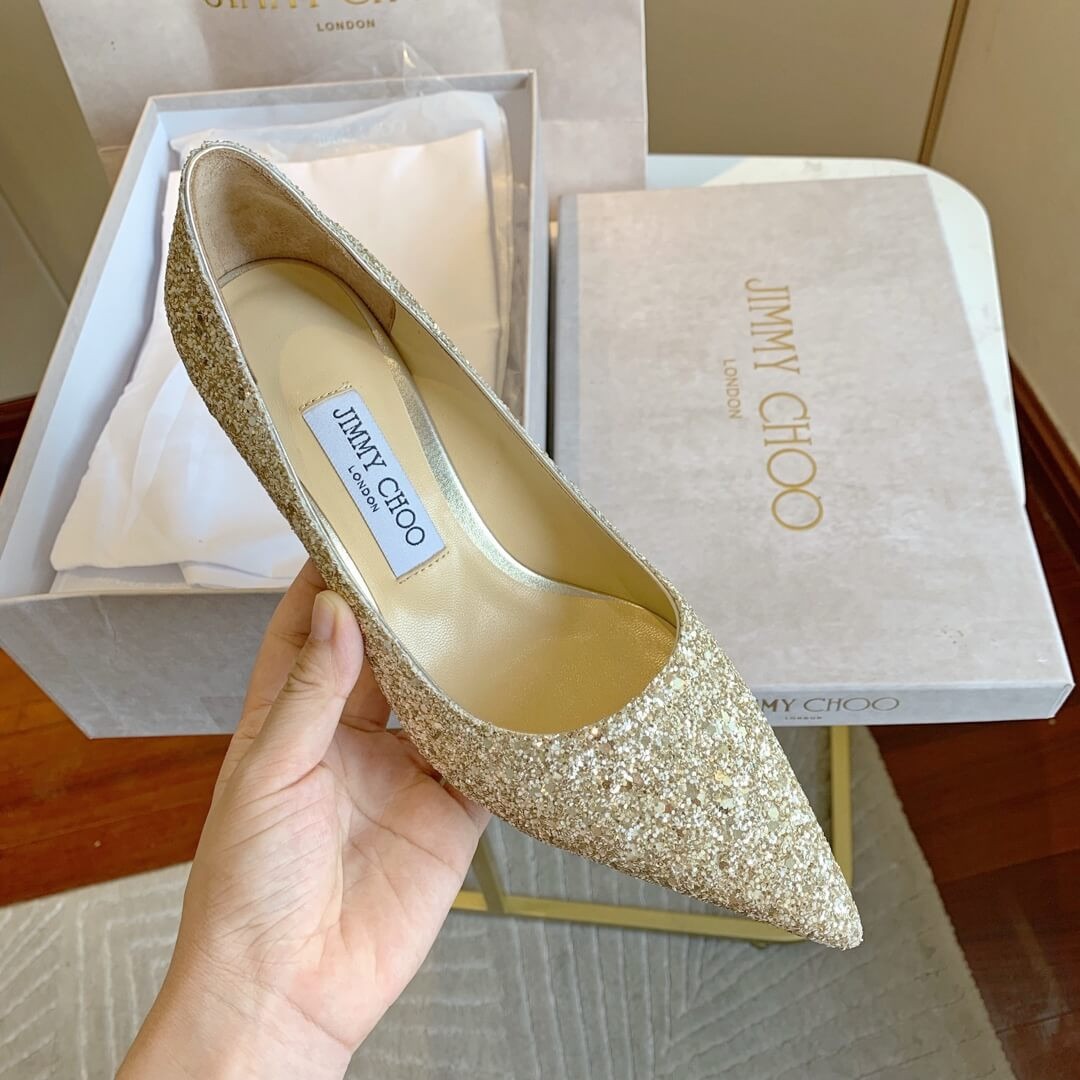 Jimmy Choo Gold Romy Glitter Fabric Pointy Toe Pumps 120011