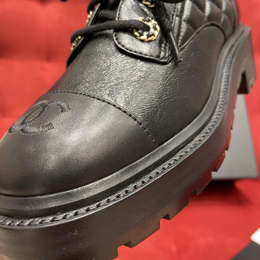 Chanel Black Quilted Gold CC Logo Chain Combat Lace Up Boots G36424