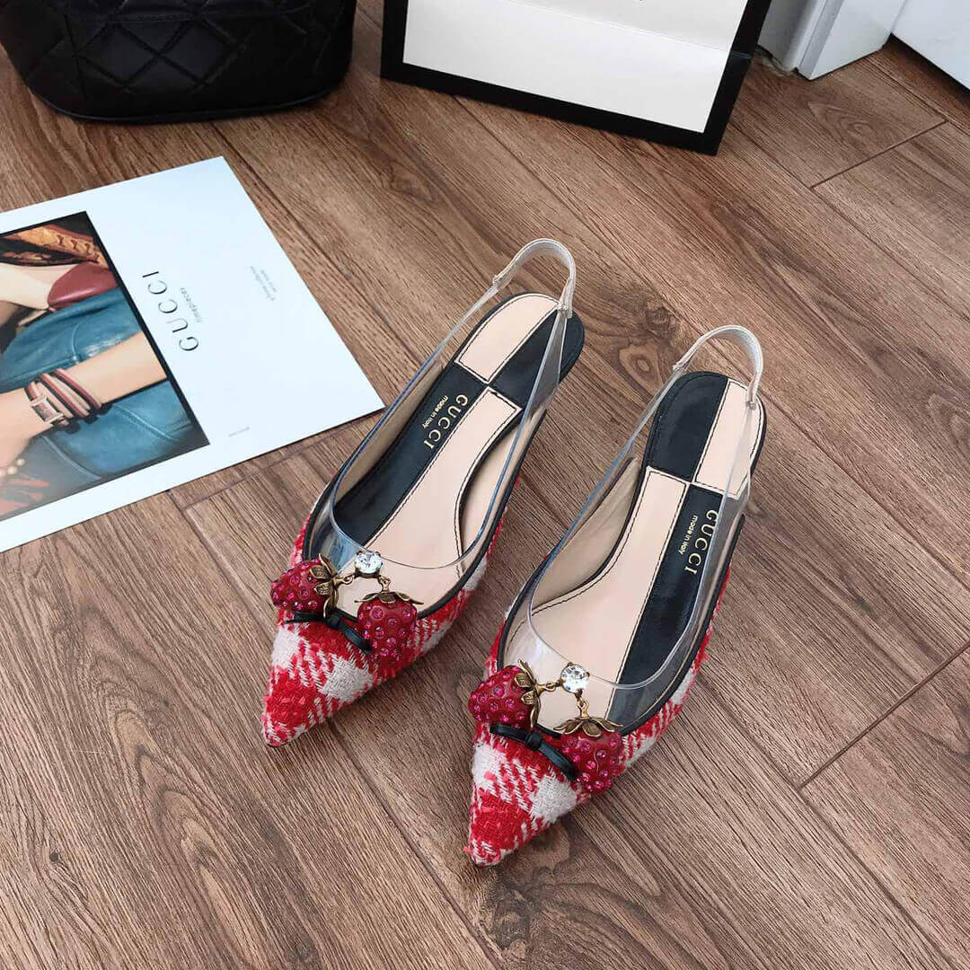 Gucci Eleonor Crystal-Strawberry Tweed Slingback Pumps 286148 Red
