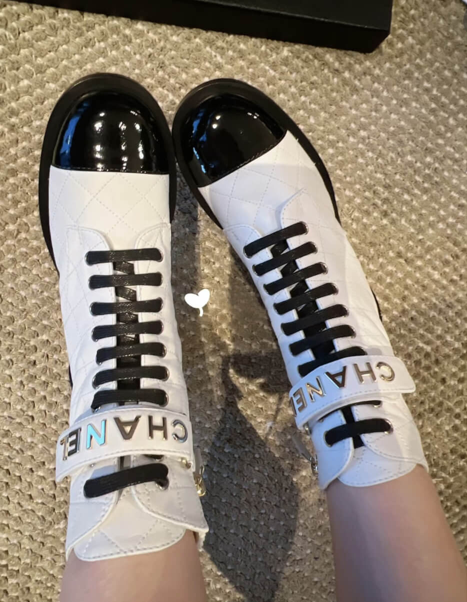 Chanel Quilted Lambskin & Patent Calfskin Lace Up Combat Boots G45005